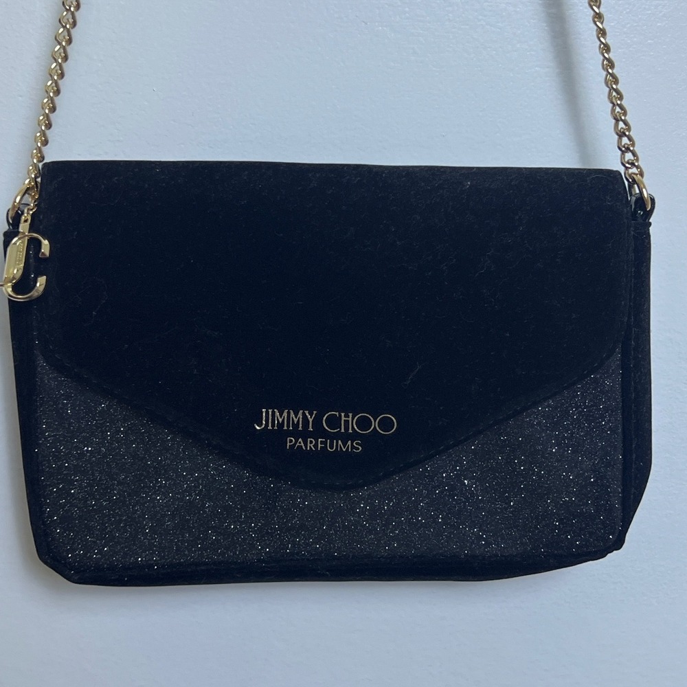 Jimmy‎ Choo Parfums Black Velvet Glitter Crossbody Bag Gold Chain JC Charm Prom